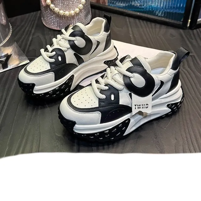 Thick soled Leather Sports Casual Shoes Breathable Black - Shop at LoveMi