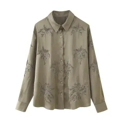 French Fashion Beaded Embroidered Shirts High Waist Casual Trousers Sets - Khaki Shirt - View 1