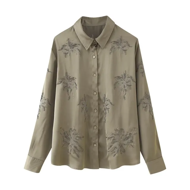 French Fashion Beaded Embroidered Shirts High Waist Casual Trousers Sets Khaki Shirt - Shop at LoveMi