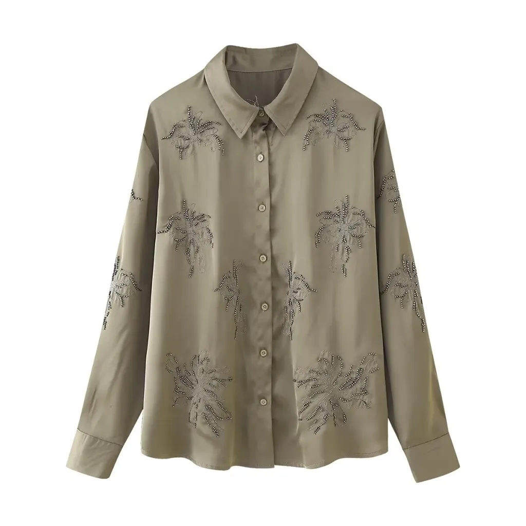 French Fashion Beaded Embroidered Shirts High Waist Casual Trousers Sets - Khaki Shirt