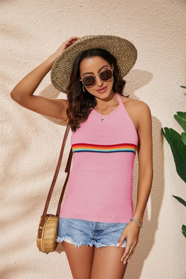Women's Clothing Rainbow Color blocking Halter Top Fashion Backless Knitted Lace up Vest Pink - Shop at LoveMi
