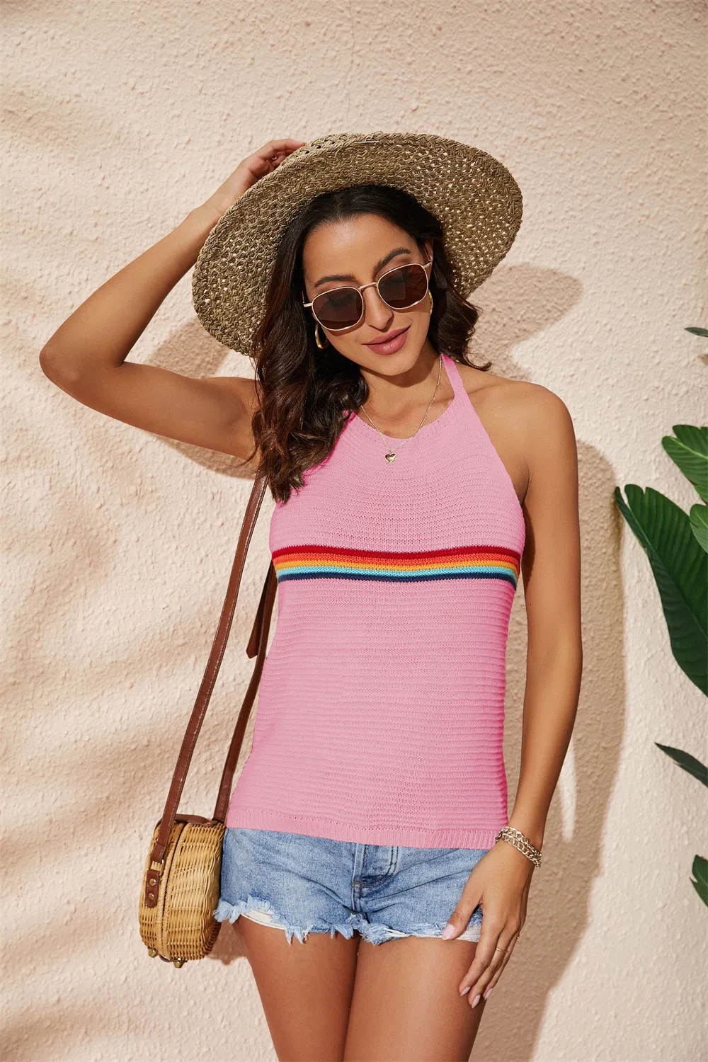 Women's Clothing Rainbow Colour-blocking Halter Top Fashion Backless Knitted Lace-up Vest - Pink