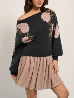 Women's Casual Loose Off Shoulder Flower Jacquard Pullover Sweater - Black - View 1