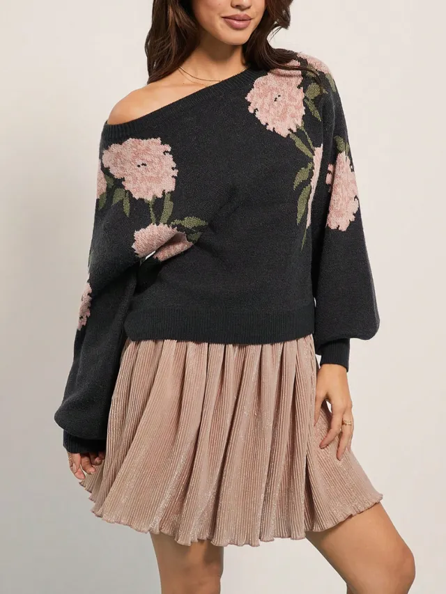 Women's Casual Loose Off Shoulder Flower Jacquard Pullover Sweater Black - Shop at LoveMi