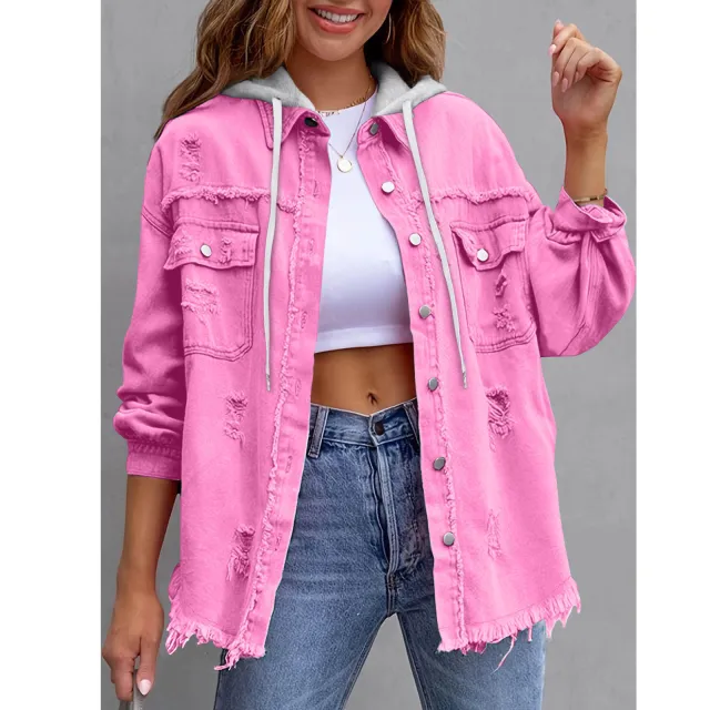 Womens Solid Color Loose Denim Hooded Jacket Rose - Shop at LoveMi