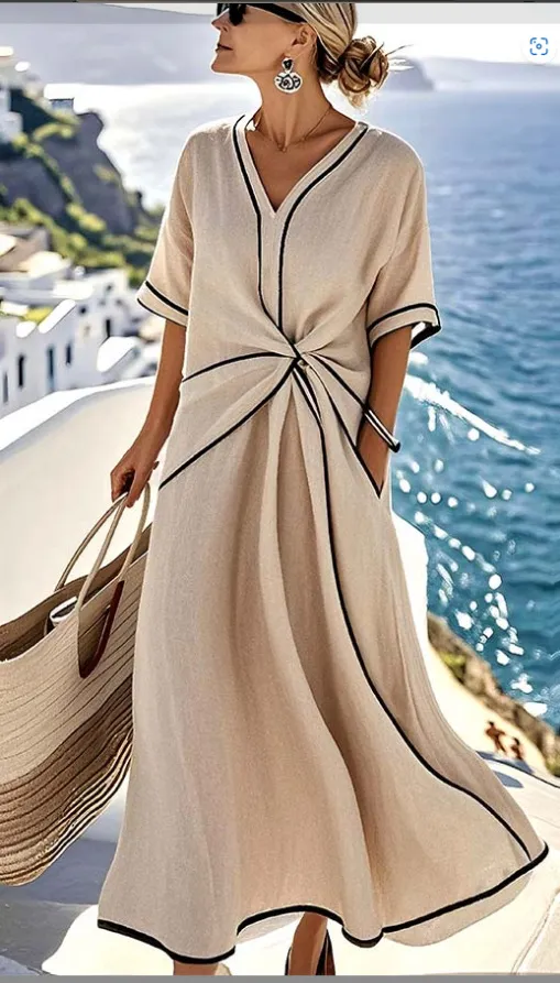 Women's Fashion Loose Striped Print Long Dress Apricot - Shop at LoveMi