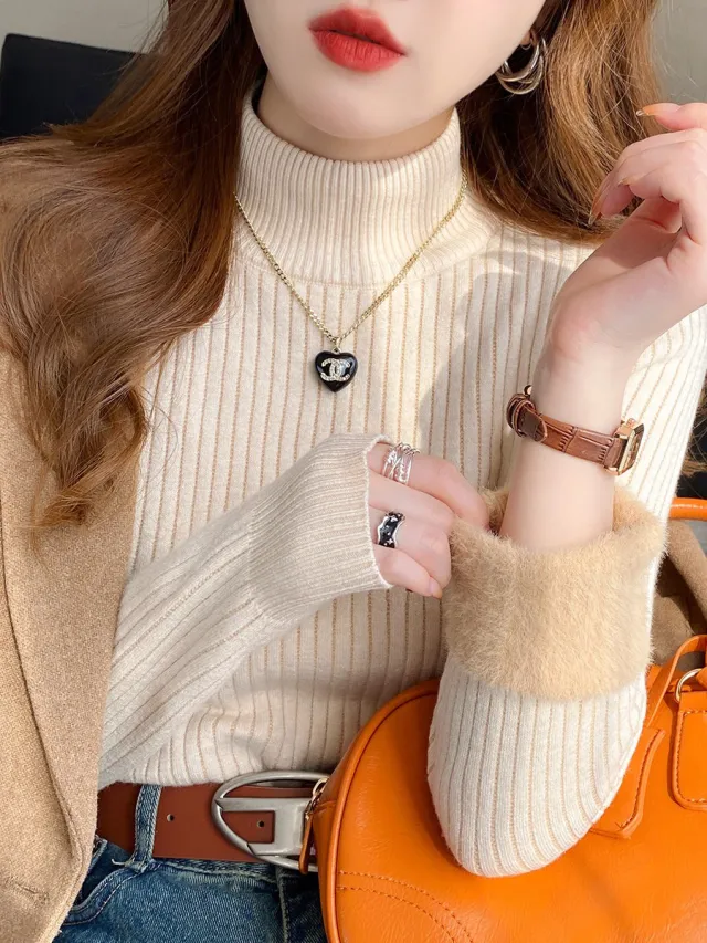 Velvet Padded Sweater Women's Autumn And Winter Knitted Oatmeal Color - Shop at LoveMi