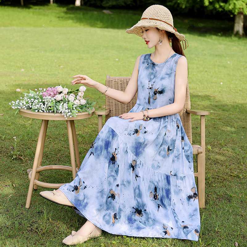 Sleeveless Vacation Artificial Cotton All-matching Youthful-looking Long Skirt