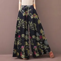 Women's Elastic Waist Casual Floral Wide-leg Pants - Blue - View 1