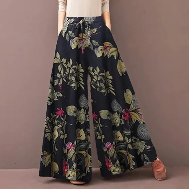 Women's Elastic Waist Casual Floral Wide leg Pants Blue - Shop at LoveMi