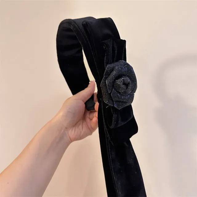 Hair Accessories Velvet Streamer Headband Wide Butterfly Camellia Lady Western Style Black Black Camellia - Shop at LoveMi