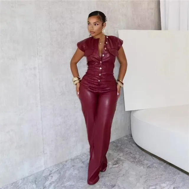 New Women's Trousers Sleeveless Leather Jumpsuit Dark Red - Shop at LoveMi