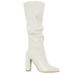 Women's Pointed Toe Chunky Heel Patent Leather Middle Boots - White - View 1