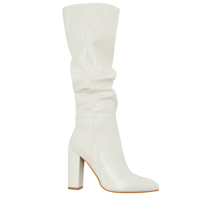 Women's Pointed Toe Chunky Heel Patent Leather Middle Boots White - Shop at LoveMi