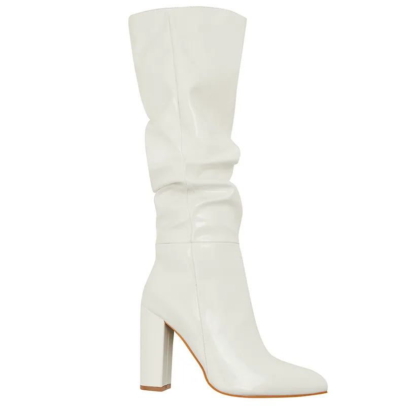 Women's Pointed Toe Chunky Heel Patent Leather Middle Boots - White