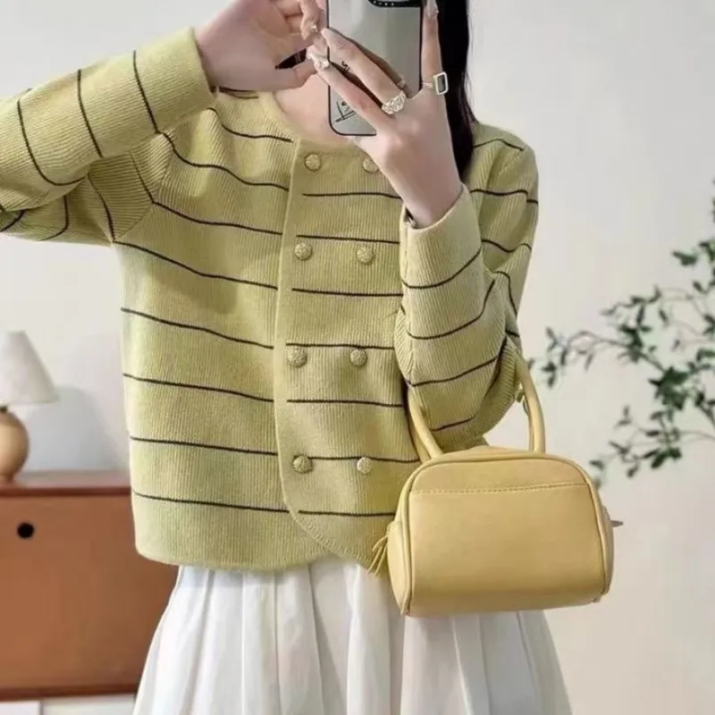 Double Breasted Western Style Classic Striped Color Collision Design Loose Round Neck Cardigan - Yellow