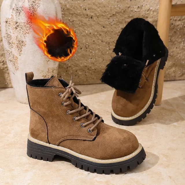 Front Lace up Suede Ankle Boots With Fleece Lining Brown - Shop at LoveMi