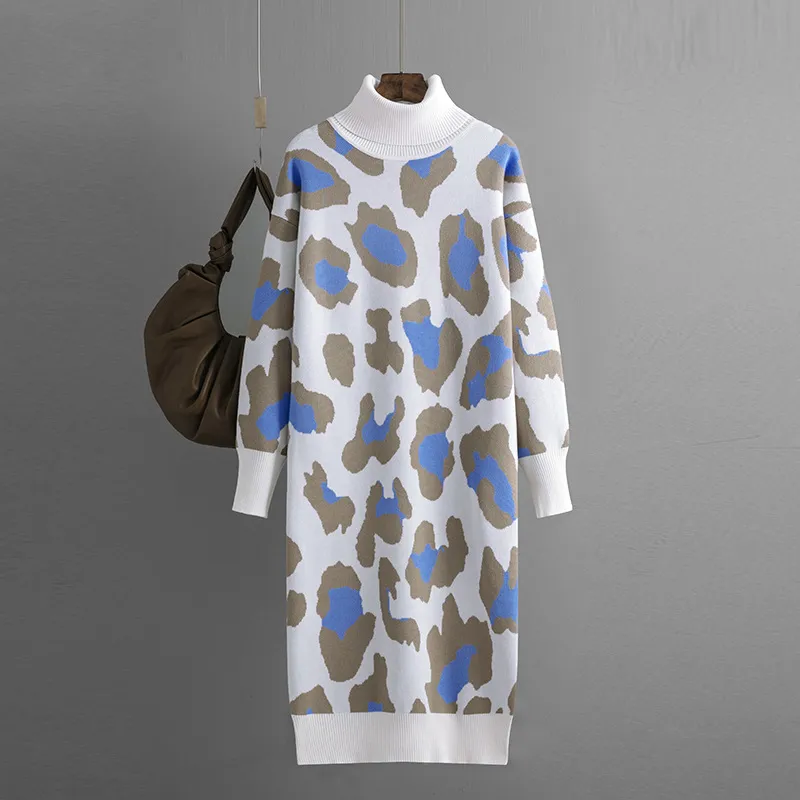 Women's Dress Fashionable Leopard Print Turtleneck Base Knitted Long Dress - Blue