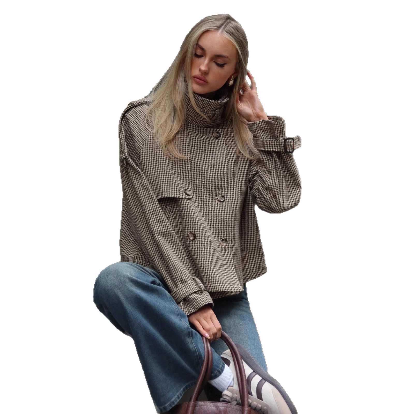 Womens Relaxed-fit Casual Houndstooth Coat — foto 5