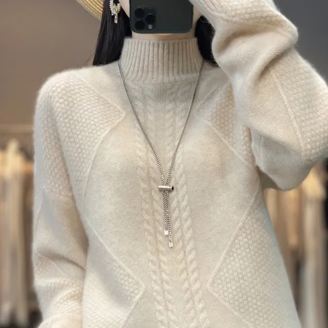 Half high Collar Women's Short Cashmere Sweater Beige - Shop at LoveMi