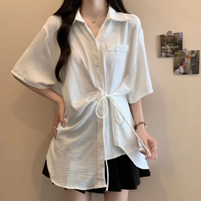 Slim fit Trendy Mid length Irregular Tie waist Short sleeve Shirt White - Shop at LoveMi