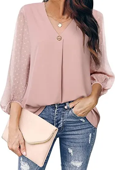 Women's Puff Sleeve V neck Long Sleeve Shirt Pink - Shop at LoveMi
