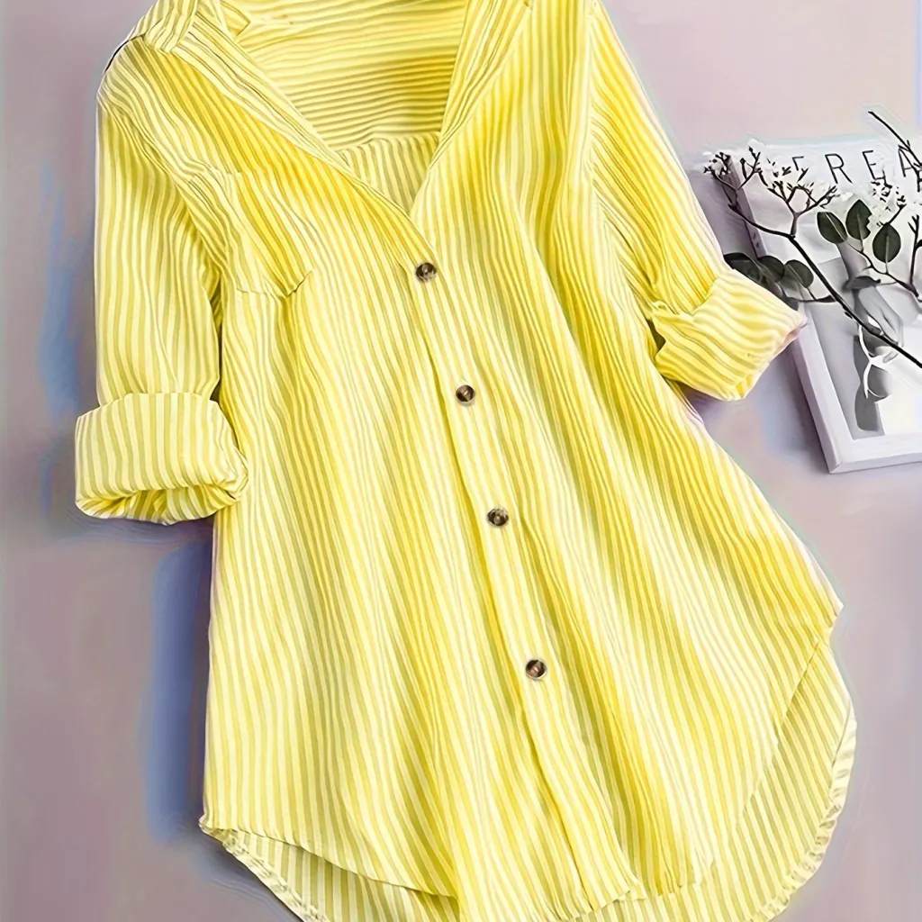 Women's Striped Button Casual Loose Long-sleeved Shirt - Yellow