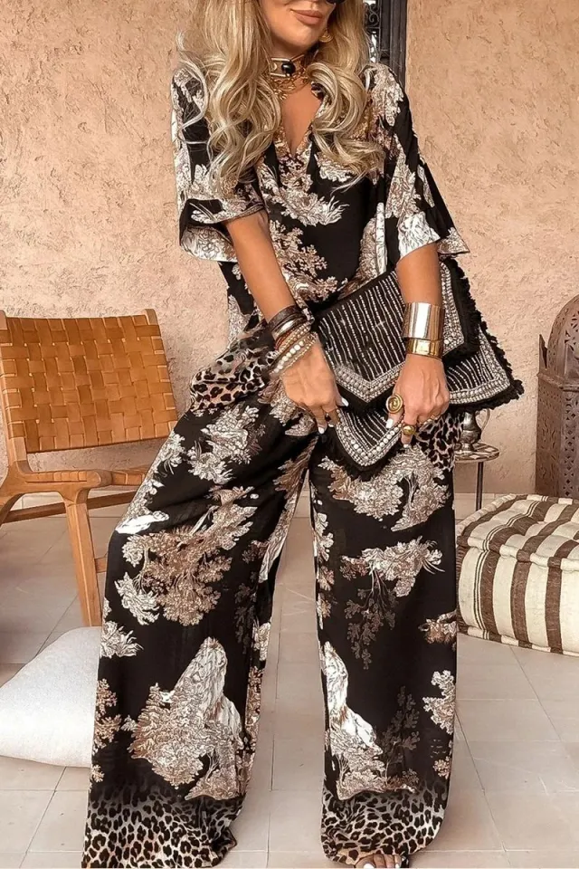 Casual V neck Printed Short sleeved Top Loose Wide Leg Pants 2 piece Set Black Gold - Shop at LoveMi