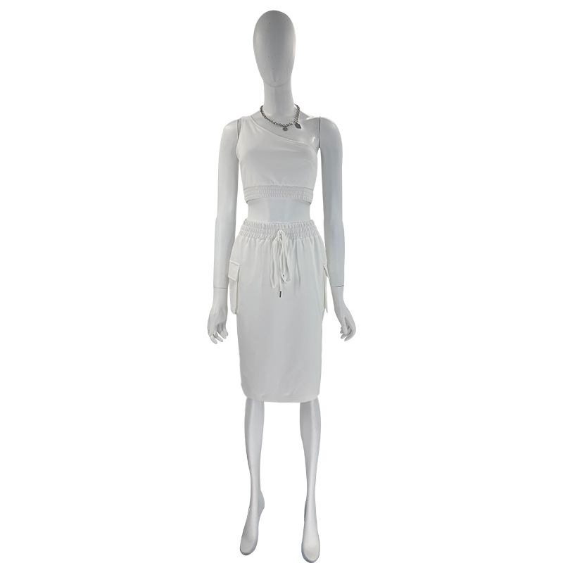 Summer Solid Color One-shoulder Vest Mid-waist Hip Skirt Women's Two-piece Suit