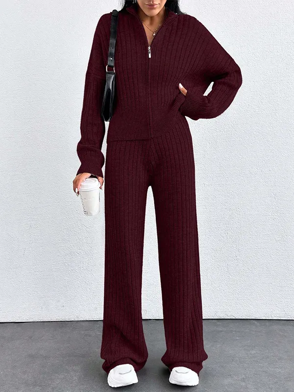 Autumn And Winter New European And American Women's Casual Loose Zip Top And Trousers Two piece Set Wine Red - Shop at LoveMi