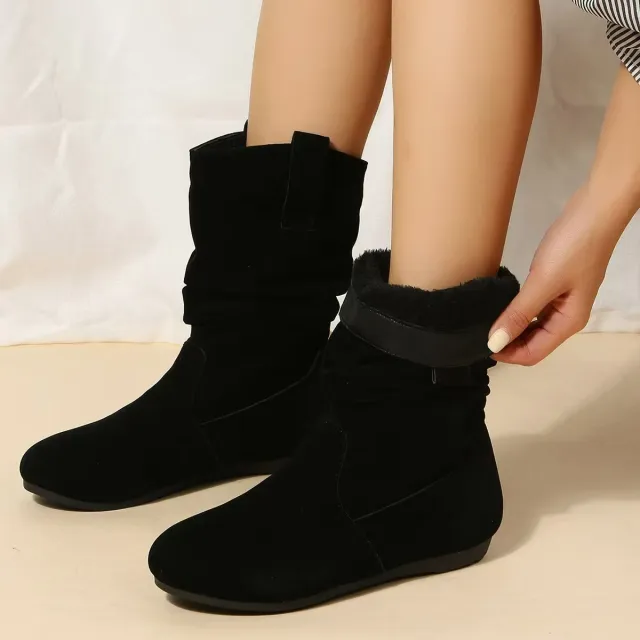 Large Size Flat Bottom Stitching Round Head Middle Boots Black - Shop at LoveMi