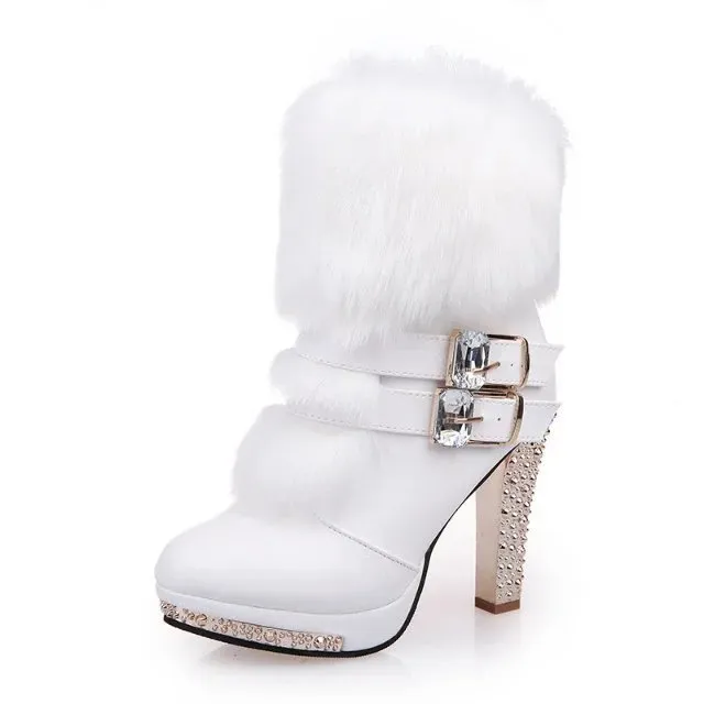 Chunky Heel High Heel Mid-calf Leather And Fur Integrated Rhinestone Women's Boots - White