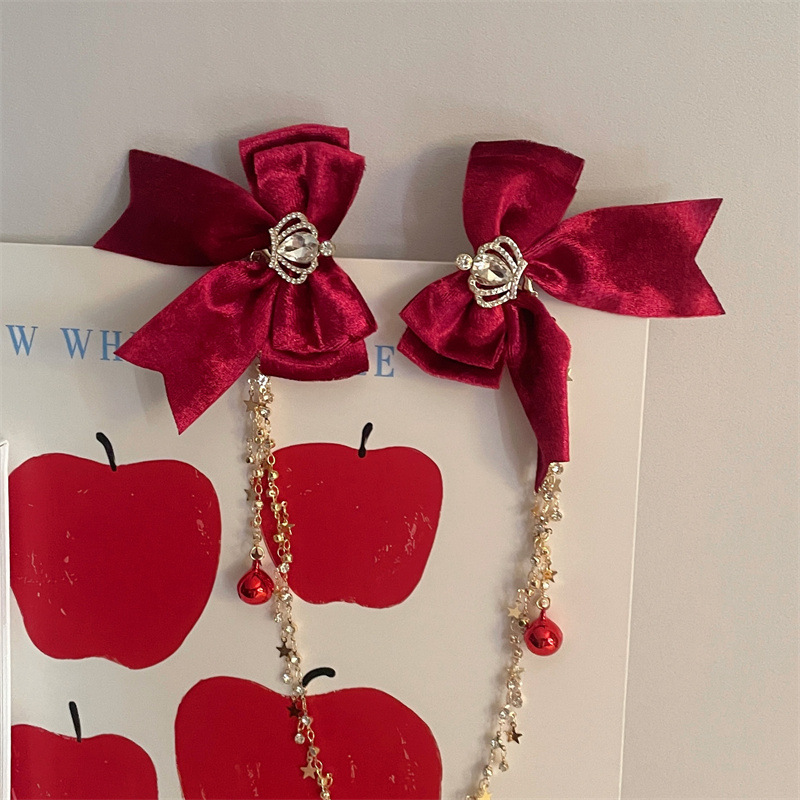 New Year Red Bell Crown Bow Tassel Hair Clip