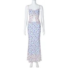 Sexy Double-layer Ladies Floral Slim Dress - Blue - View 1