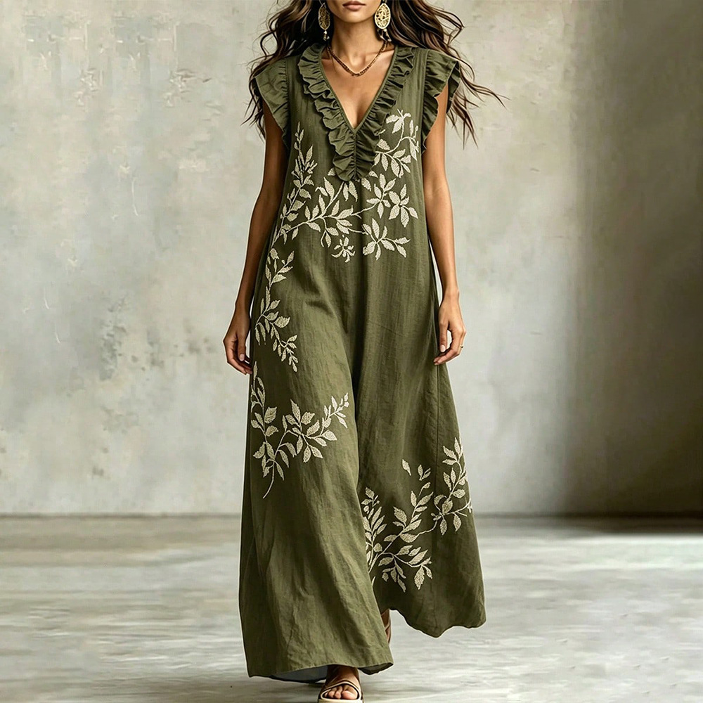 Vintage Embroidered V-neck Flounce-edged Sleeveless Printed Cotton-linen Maxi Dress — image 1