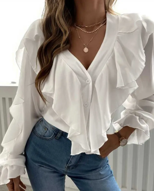 Women's SpringSummer V neck Flounce Top White - Shop at LoveMi