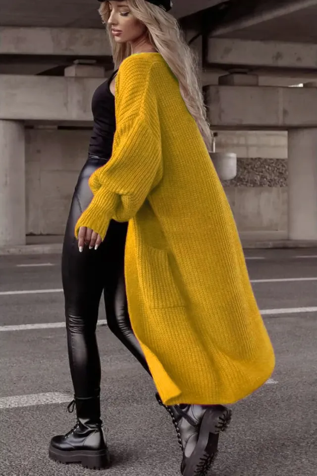 Loose Knitted Cardigan Pocket Long Lantern Sleeve Sweater Yellow - Shop at LoveMi