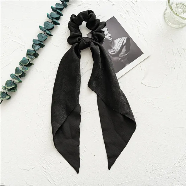 Long Ribbon Large Intestine Ring Headwear Women's Hair Tie Ponytail Bandeau Floral Hair Ring Simple Black - Shop at LoveMi