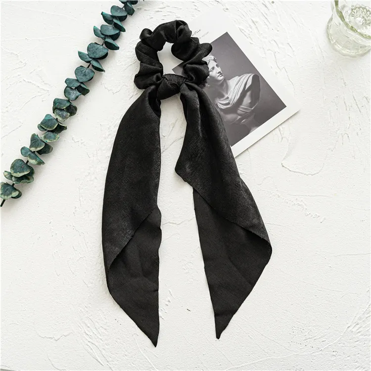 Long Ribbon Large Intestine Ring Headwear Women's Hair Tie Ponytail Bandeau Floral Hair Ring Simple - Black