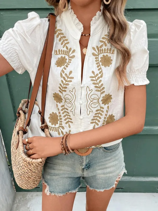 Women's Cotton Embroidered Cardigan Buckle Puff Short Sleeve Apricot - Shop at LoveMi