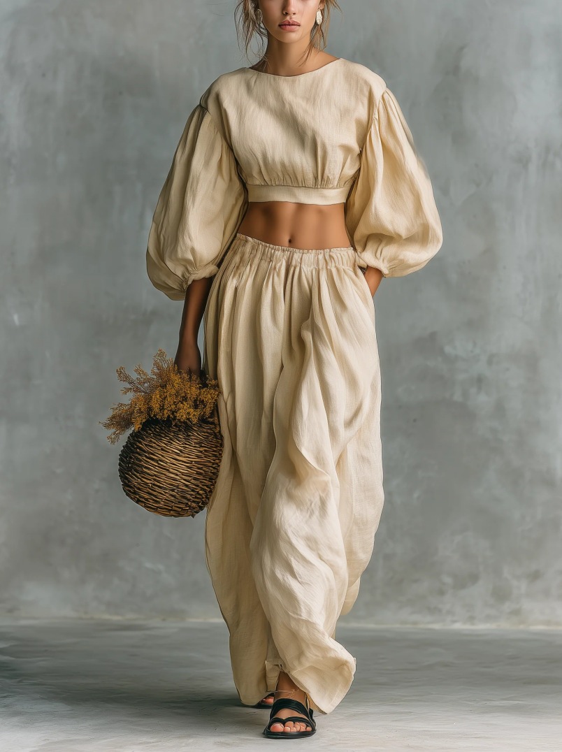 Women's puff-sleeve two-piece set in apricot, close-up of puff sleeve and crew neckline detail