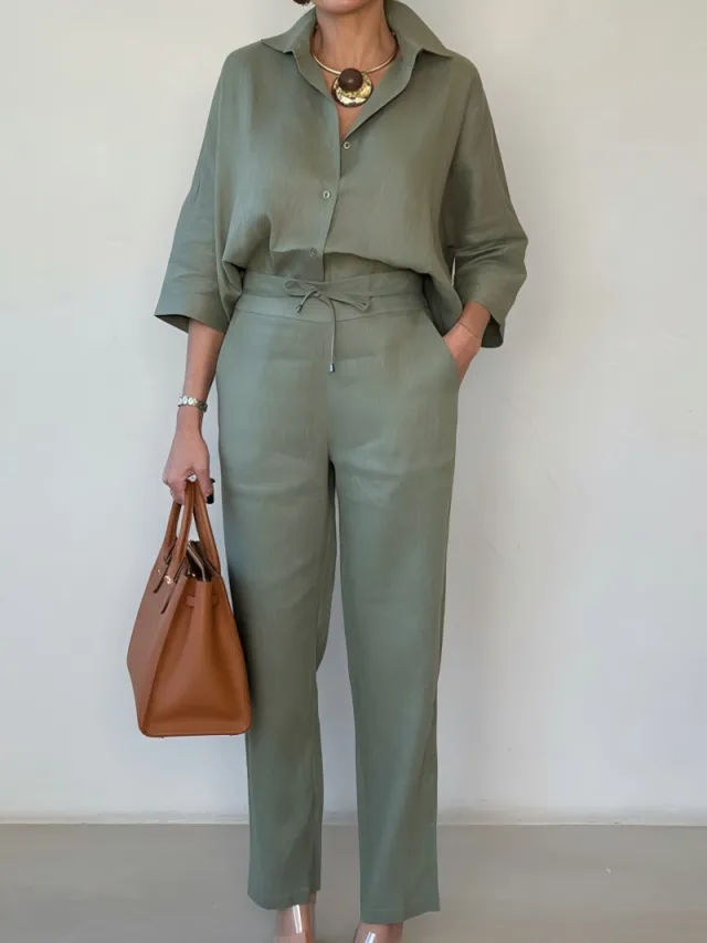 New Elegant Solid Color Polo Collar Linen Shirt And Two piece Pants Army Green - Shop at LoveMi