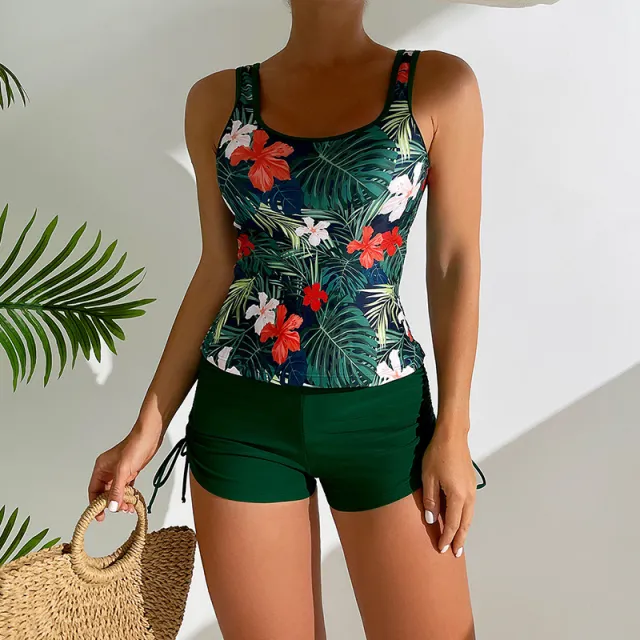 Printed Sports Split Swimsuit Fashion Tight High Elastic Conservative Two piece Suit Green - Shop at LoveMi