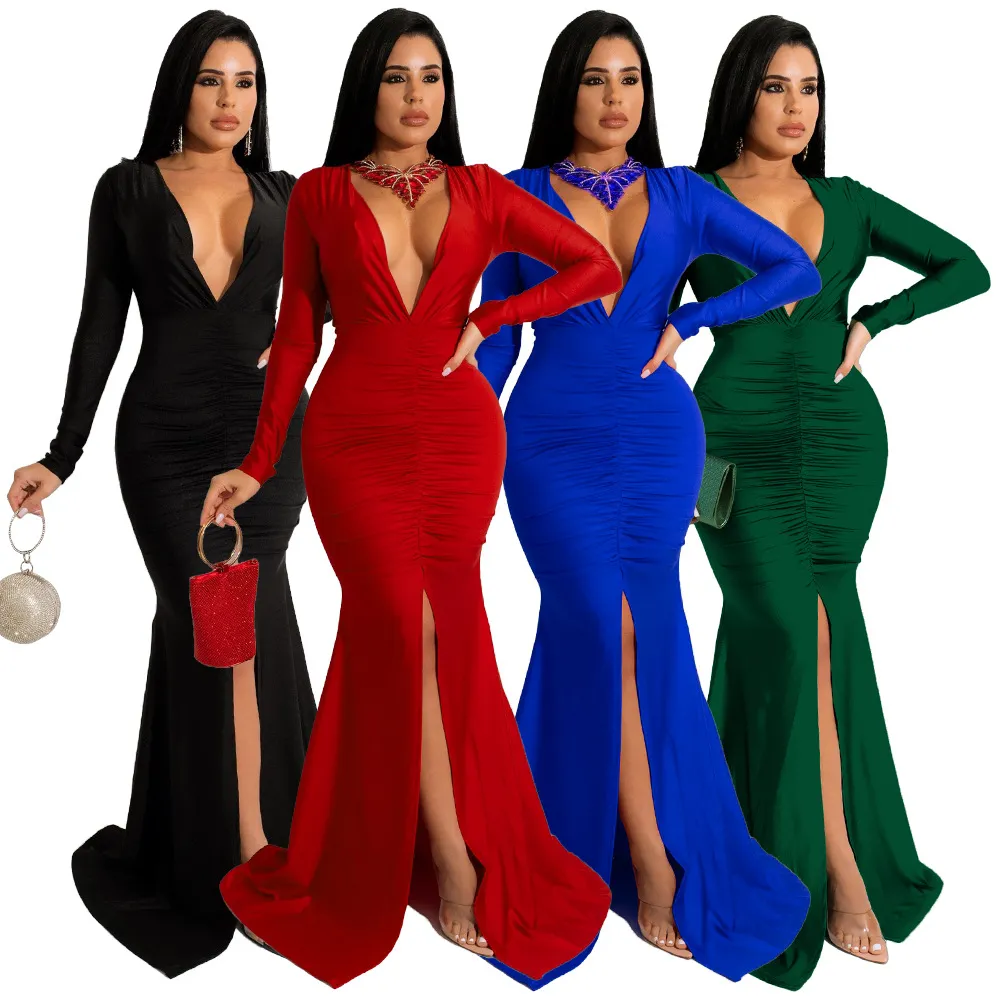 V-neck Slit Temperament Sheath Long Dress
