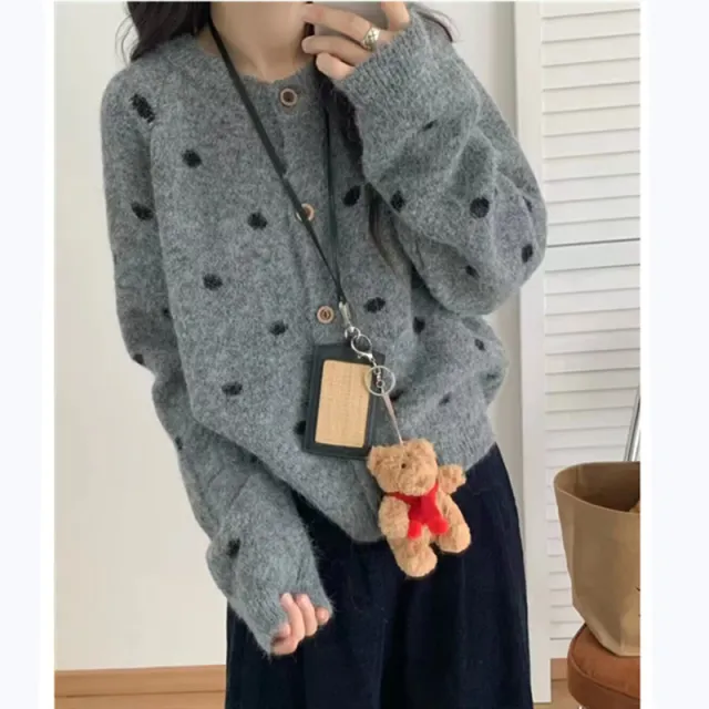 Loose Casual Sweater Polka Dot Round Neck Button Women's Sweater Gray - Shop at LoveMi