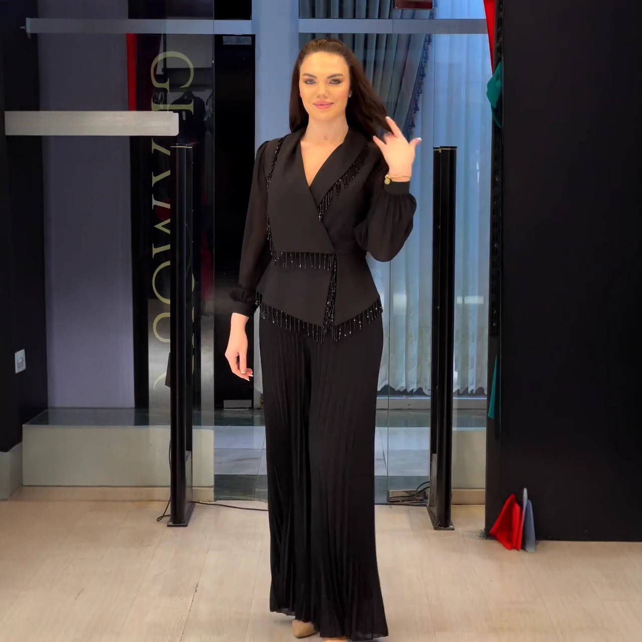 Long Sleeve V-neck Tassel Waist Wide Leg Pants Two-piece Set