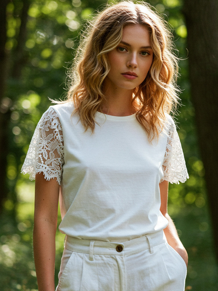 Womens Retro Printed Patchwork Crew-Neck Top - Image 1