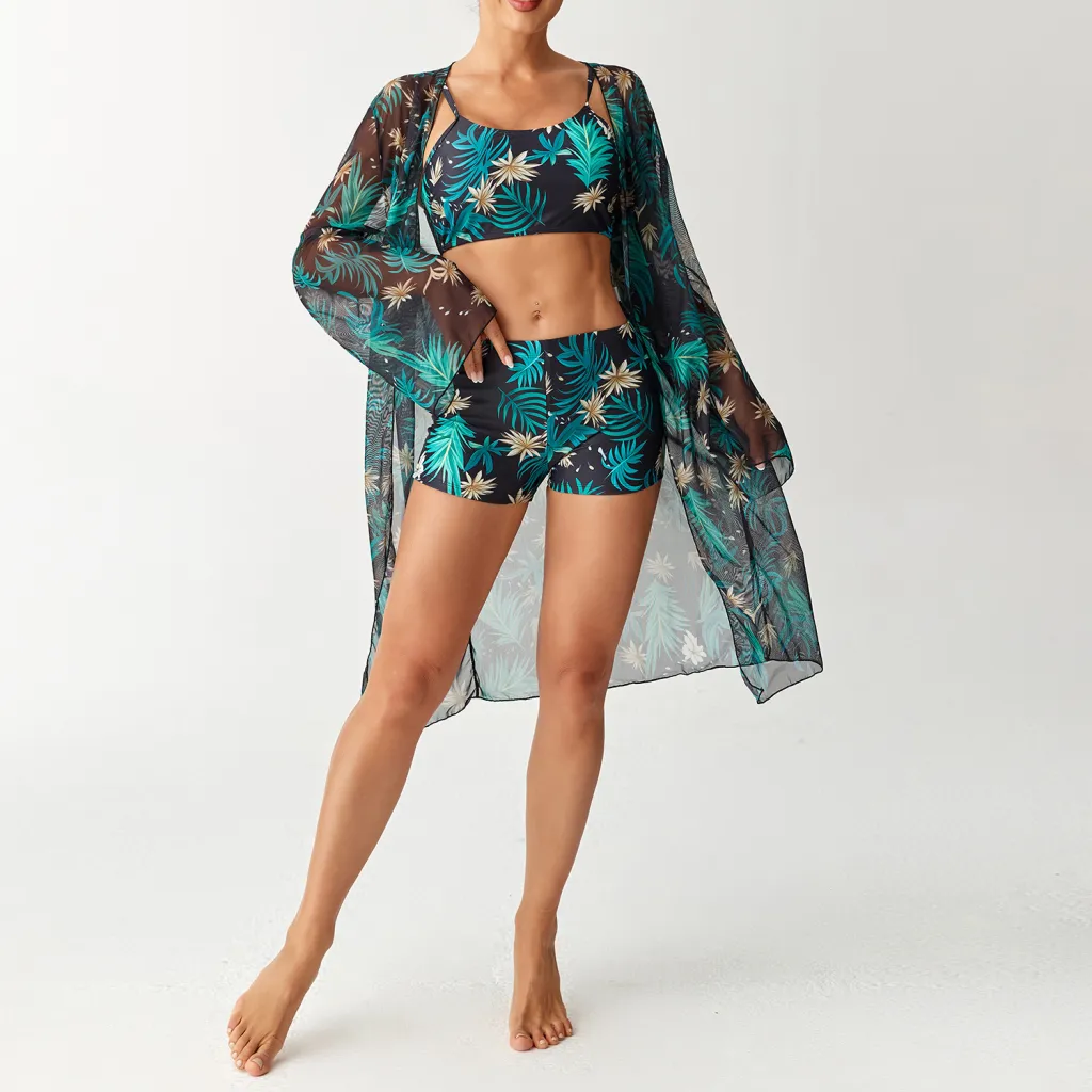 Swimsuit Long Sleeve Blouse Split Three-piece Set - Black