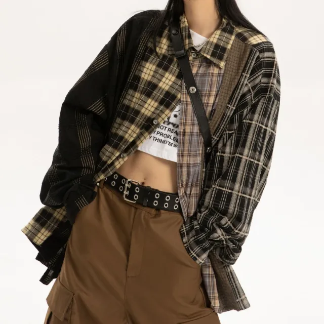 Women's Patchwork Plaid Long sleeved Shirt Coat Black - Shop at LoveMi