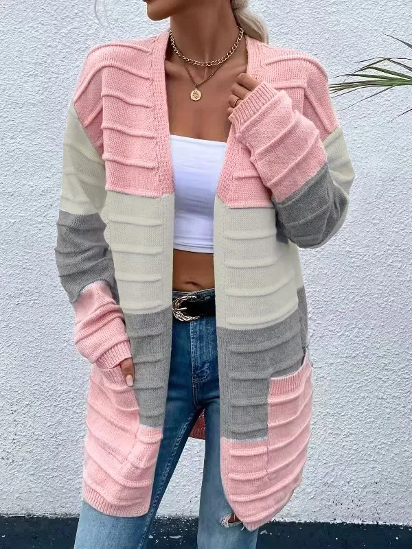 Sweater Women's Fashion Jacket With Big Pockets Autumn And Winter Long Striped Color Matching Cardigan Pink And White - Shop at LoveMi